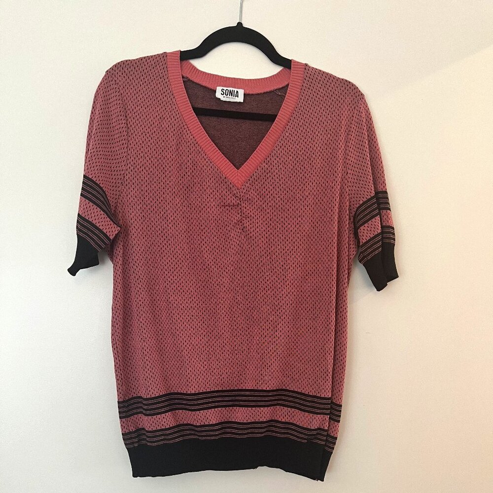 Sonia Rykiel v-neck 3/4 sleeve retro mod vintage-style sweater pink black L